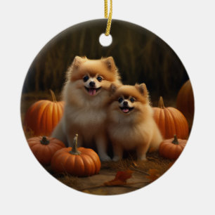 Pomeranian Puppy Autumn Delight Pumpkin Ceramic Ornament