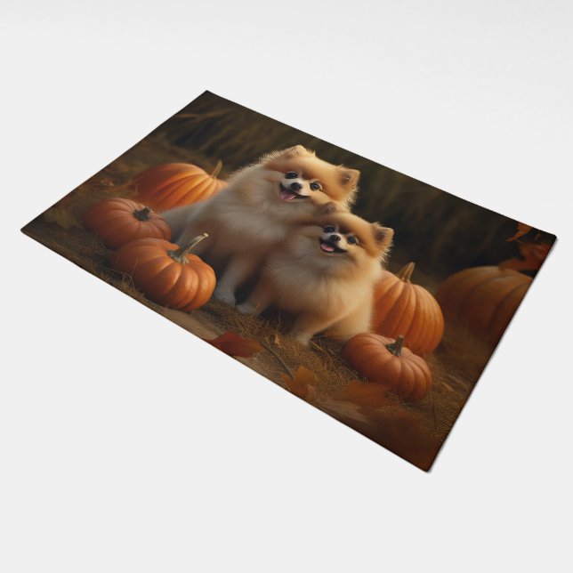Pomeranian Puppy Autumn Delight Pumpkin Doormat (Angled)