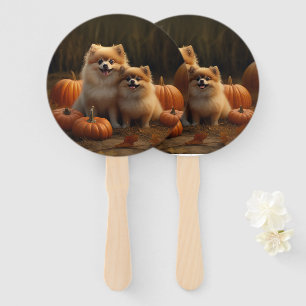 Pomeranian Puppy Autumn Delight Pumpkin Hand Fan