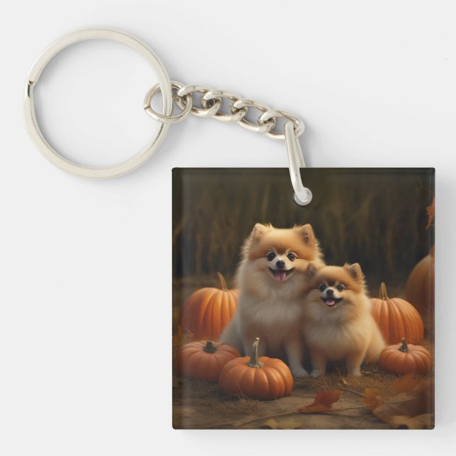 Pomeranian Puppy Autumn Delight Pumpkin Keychain (Front)