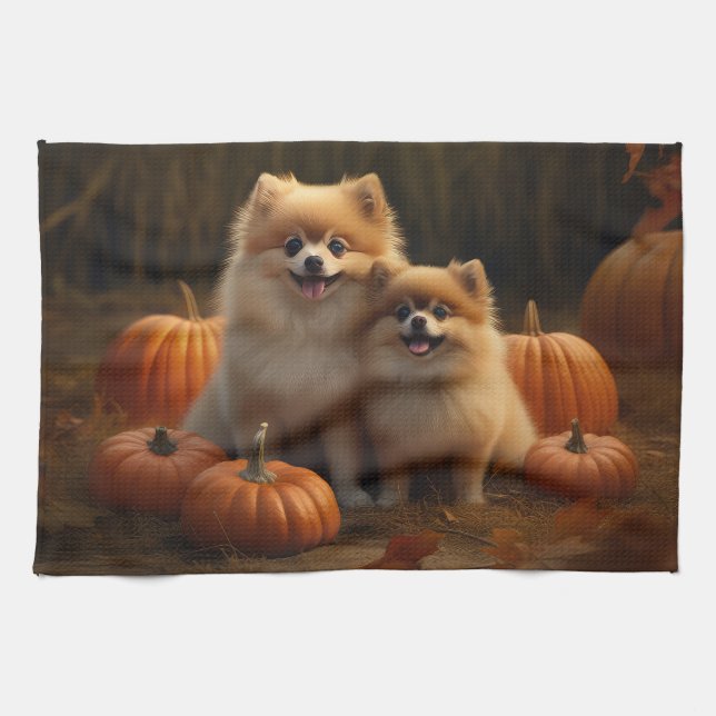 Pomeranian Puppy Autumn Delight Pumpkin Kitchen Towel (Horizontal)