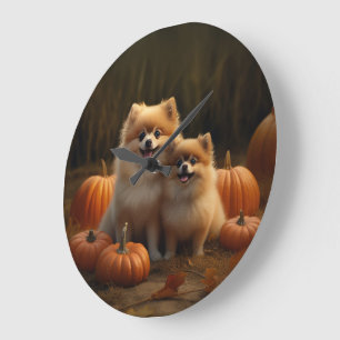 Pomeranian Puppy Autumn Delight Pumpkin Large Clock