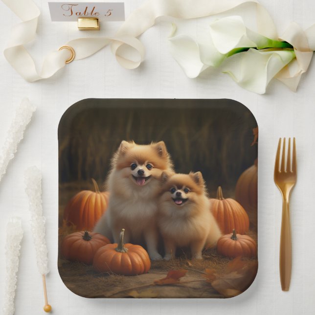 Pomeranian Puppy Autumn Delight Pumpkin Paper Plates (Wedding)