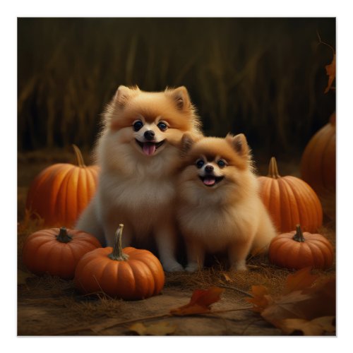 Pomeranian Puppy Autumn Delight Pumpkin Poster