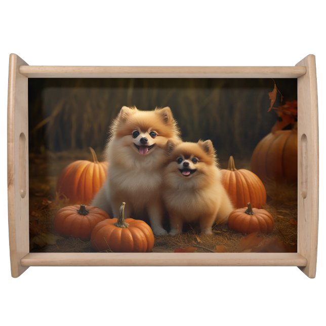 Pomeranian Puppy Autumn Delight Pumpkin Serving Tray (Front)