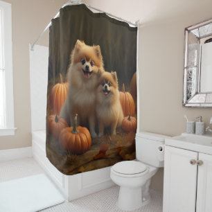 Pomeranian Puppy Autumn Delight Pumpkin Shower Curtain