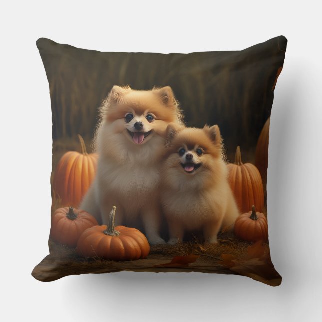 Pomeranian Puppy Autumn Delight Pumpkin Throw Pillow (Front)