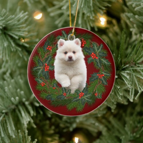Pomeranian Puppy Dog Christmas  Xmas wreath pet Ceramic Ornament