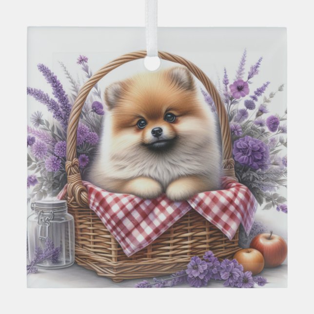 Pomeranian Puppy Dog Watercolor Wildflower Picnic Glass Ornament (Front)