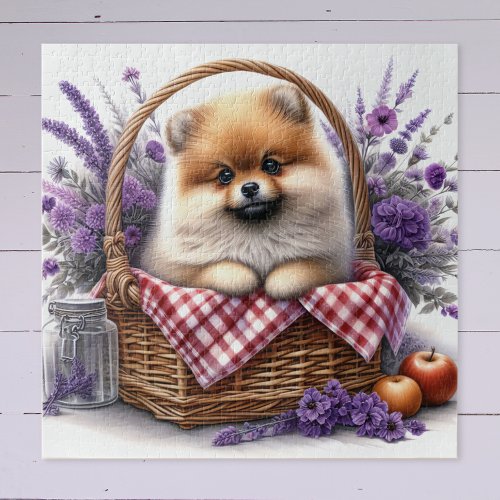 Pomeranian Puppy Dog Watercolor Wildflower Picnic Jigsaw Puzzle