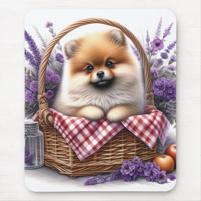 Pomeranian Puppy Dog Watercolor Wildflower Picnic Mouse Pad (Front)