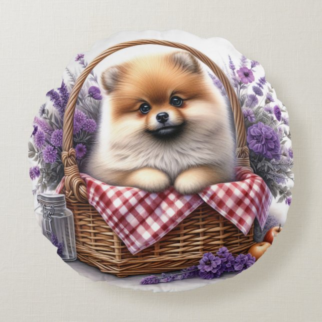 Pomeranian Puppy Dog Watercolor Wildflower Picnic Round Pillow (Front)