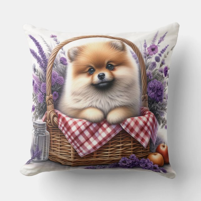 Pomeranian Puppy Dog Watercolor Wildflower Picnic Throw Pillow (Front)