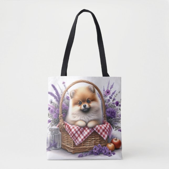Pomeranian Puppy Dog Watercolor Wildflower Picnic Tote Bag (Front)