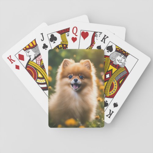 Pomeranian Puppy in Flower Field Playing Cards