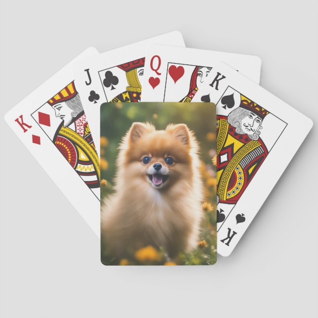 Pomeranian Puppy in Flower Field Poker Cards (Back)