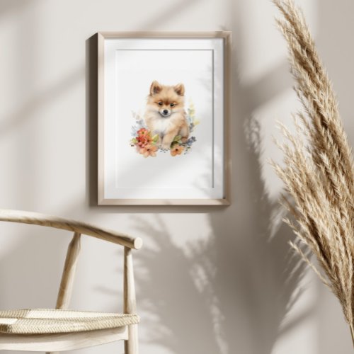 Pomeranian Puppy Pet Watercolor Flower Poster