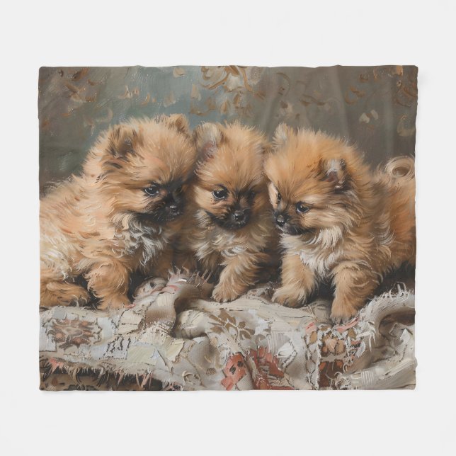 Pomeranian Puppy Trio Vintage Fleece Blanket (Front (Horizontal))
