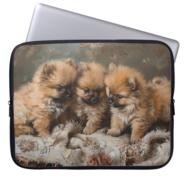 Pomeranian Puppy Trio Vintage Laptop Sleeve (Front)