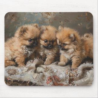 Pomeranian Puppy Trio Vintage Mouse Pad