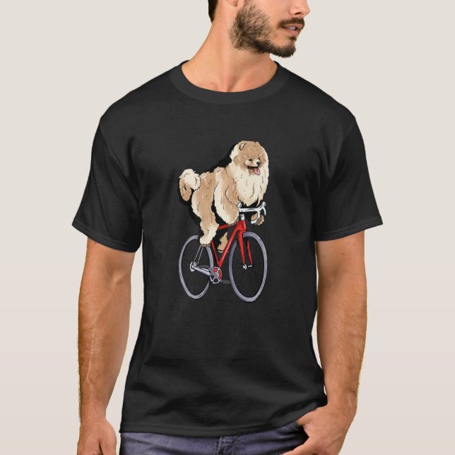 Pomeranian Riding Bicycle Cute Biker Cyclist Premi T-Shirt (Front)