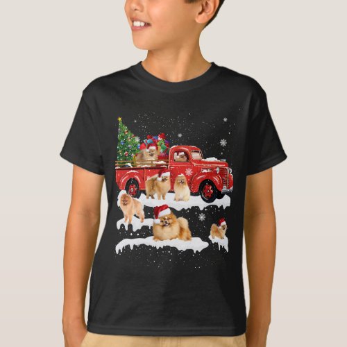 Pomeranian Riding Red Truck Merry Christmas X_mas  T_Shirt
