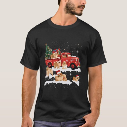 Pomeranian Riding Red Truck Merry Christmas X_Mas  T_Shirt