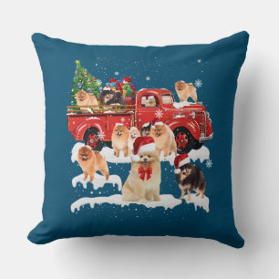 Pomeranian Riding Red Truck Xmas Merry Christmas Throw Pillow