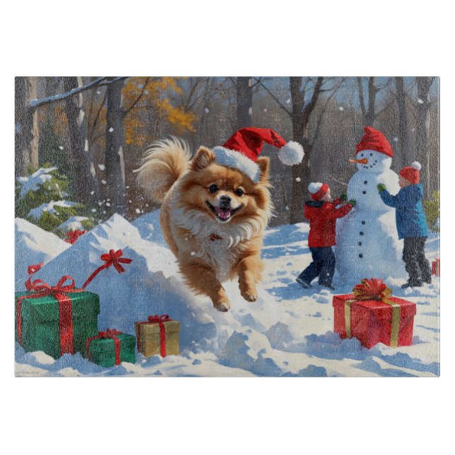 Pomeranian Running in Snow with Christmas Hat Cutting Board (Front)