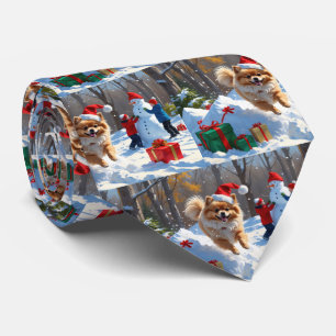 Pomeranian Running in Snow with Christmas Hat Neck Tie