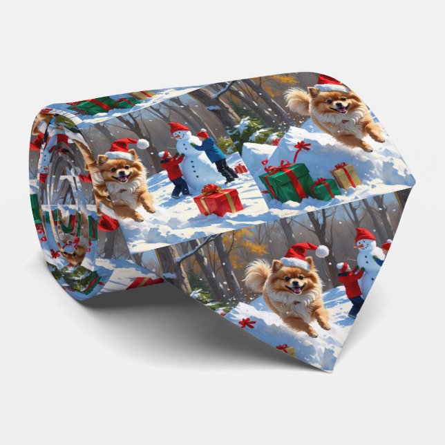 Pomeranian Running in Snow with Christmas Hat Neck Tie (Rolled)