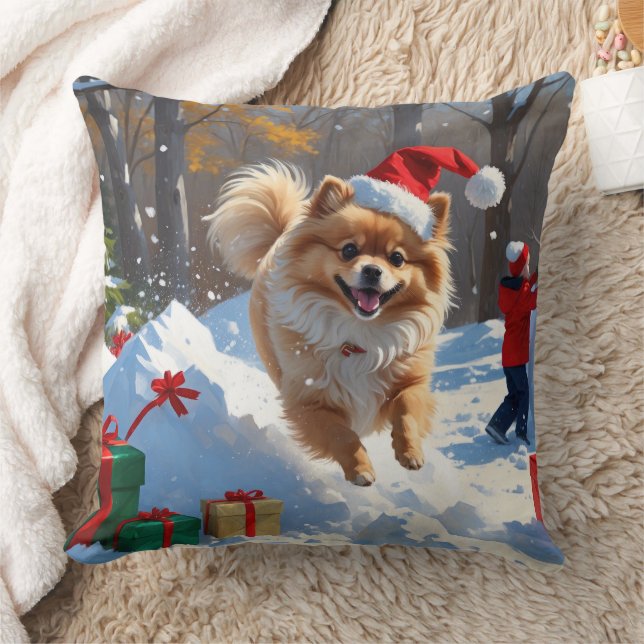 Pomeranian Running in Snow with Christmas Hat Throw Pillow (Blanket)