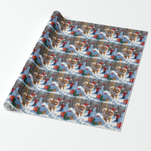 Pomeranian Running in Snow with Christmas Hat Wrapping Paper