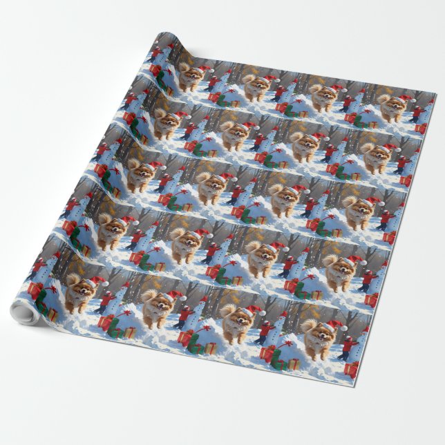 Pomeranian Running in Snow with Christmas Hat Wrapping Paper (Unrolled)
