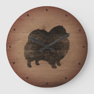 Pomeranian Silhouette Rustic Large Clock
