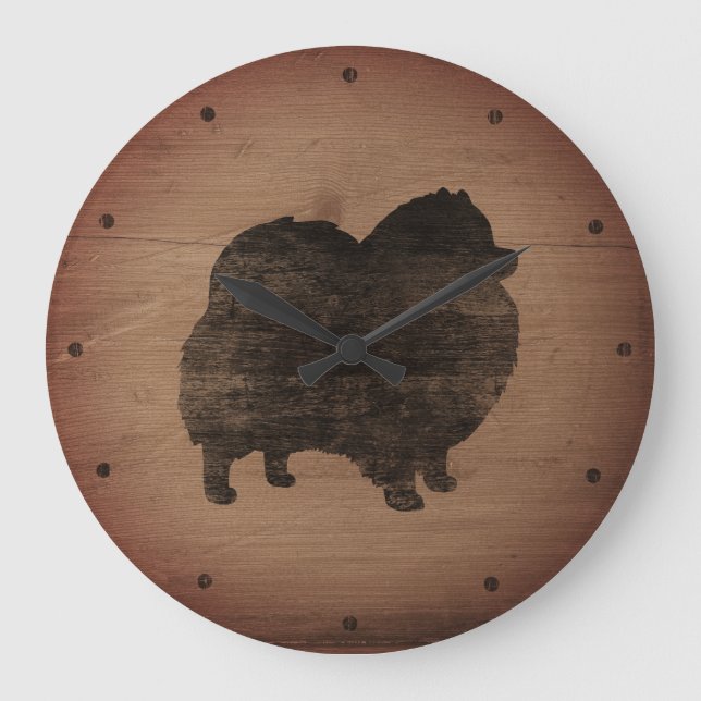 Pomeranian Silhouette Rustic Large Clock (Front)