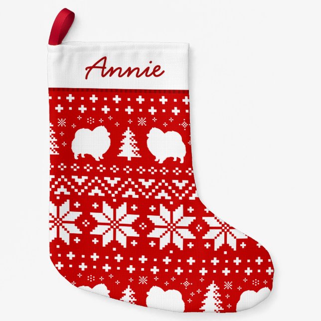 Pomeranian Silhouettes Cute Holiday Pattern Small Christmas Stocking (Front)