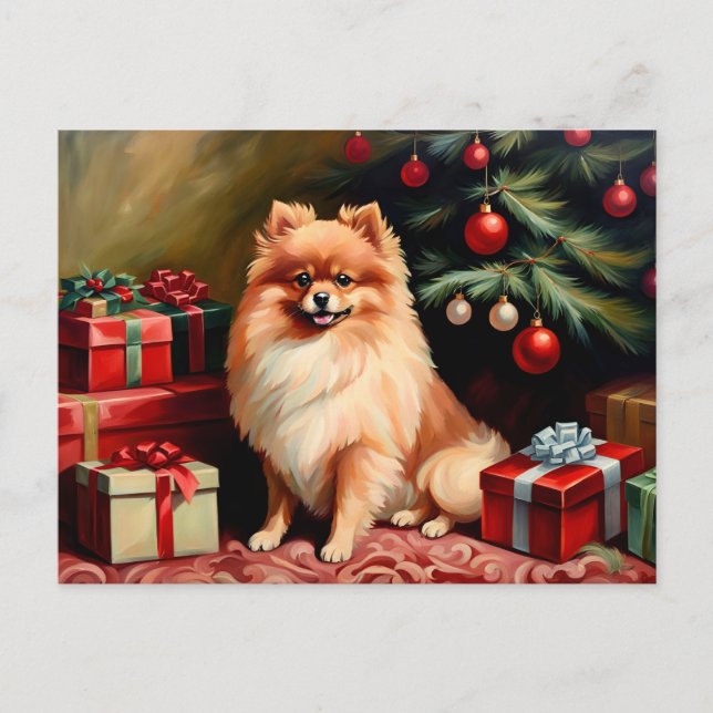 Pomeranian sitting by Christmas tree Postcard (Front)