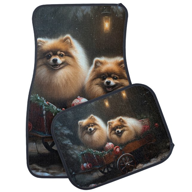 Pomeranian Snowy Sleigh Christmas Decor Car Floor Mat (Set)