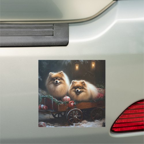 Pomeranian Snowy Sleigh Christmas Decor Car Magnet