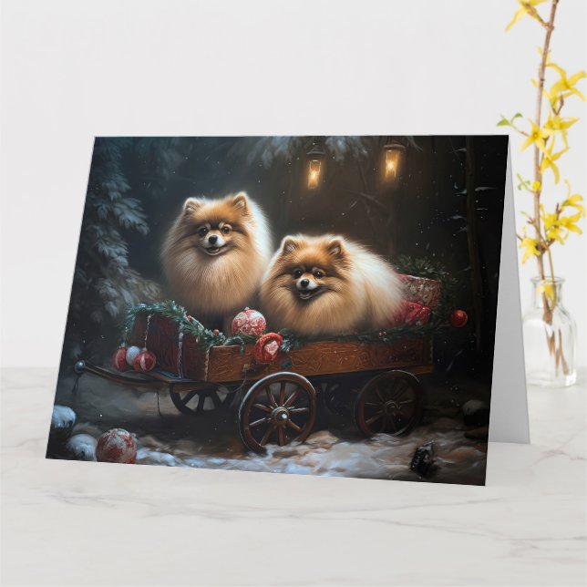 Pomeranian Snowy Sleigh Christmas Decor Card (Yellow Flower)
