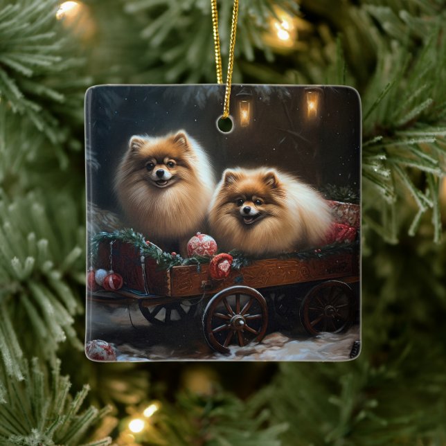 Pomeranian Snowy Sleigh Christmas Decor Ceramic Ornament (Tree)