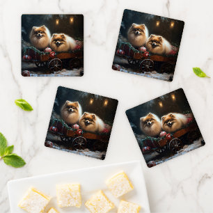Pomeranian Snowy Sleigh Christmas Decor Coaster Set