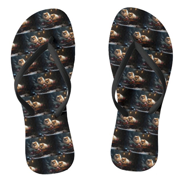 Pomeranian Snowy Sleigh Christmas Decor Flip Flops (Footbed)