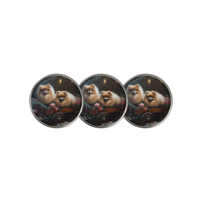 Pomeranian Snowy Sleigh Christmas Decor Golf Ball Marker (3 Up)