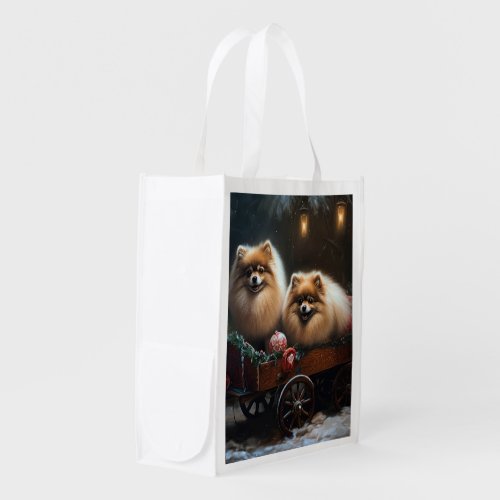 Pomeranian Snowy Sleigh Christmas Decor Grocery Bag