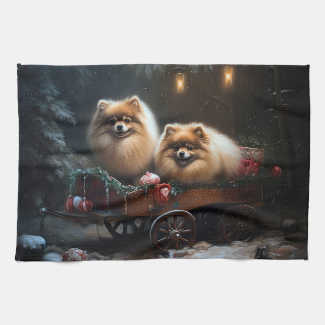 Pomeranian Snowy Sleigh Christmas Decor Kitchen Towel (Horizontal)