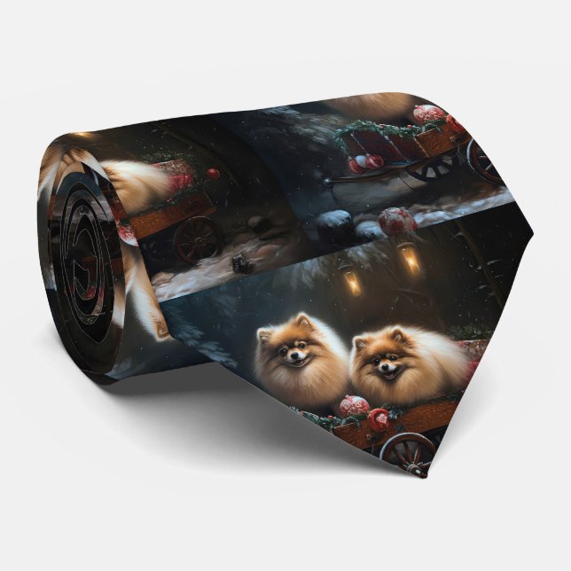 Pomeranian Snowy Sleigh Christmas Decor Neck Tie (Rolled)