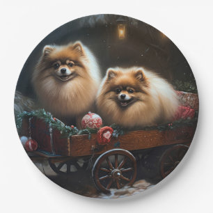 Pomeranian Snowy Sleigh Christmas Decor Paper Plates