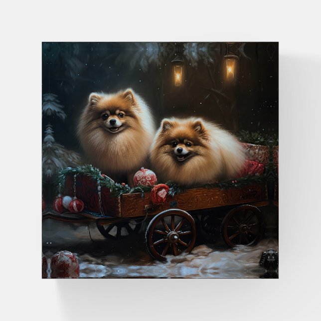 Pomeranian Snowy Sleigh Christmas Decor Paperweight (Front)